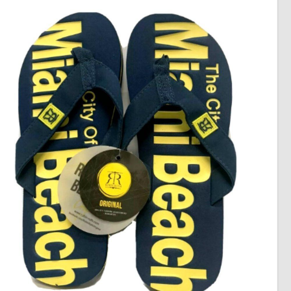 Robin Ruth Mens flip Flop The City of Miami Beach Navy/Yellow size 8.5 Small